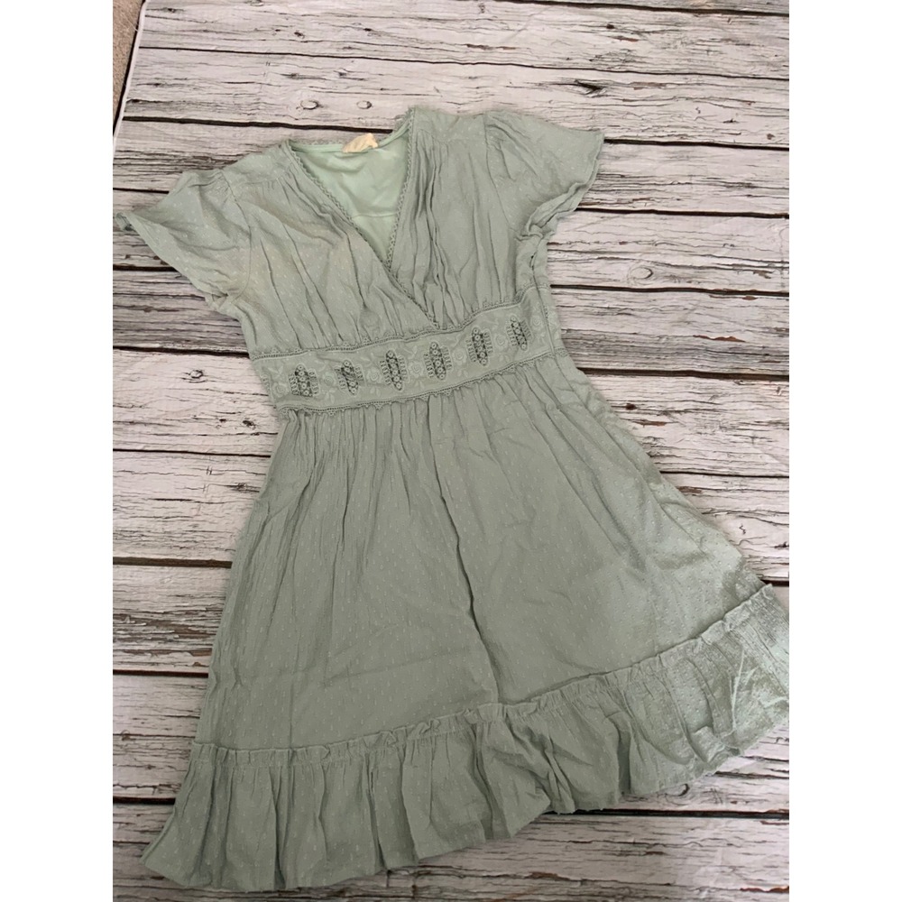 Altar'd State Sage Green Swiss Dot Mini Dress‎ Embroidered Lace Trim Small